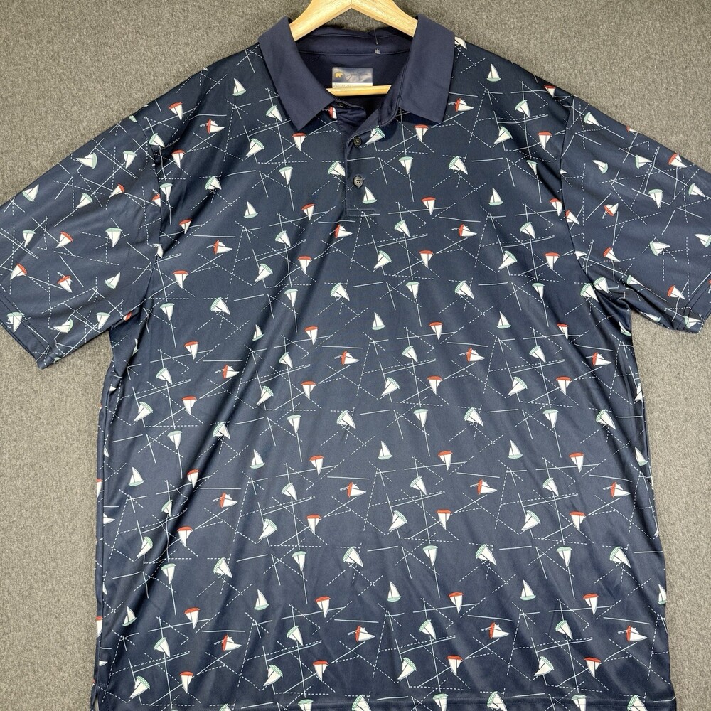 Jack Nicklaus Mens XXL Navy Sailboat Print Golf Polo Shirt StayDri Short Sleeve